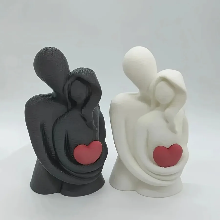 3D Printed Hugging Couple Statue with Red Heart, Abstract Lover Figurine, Minimalist Romantic Desktop Ornament for Anniversary