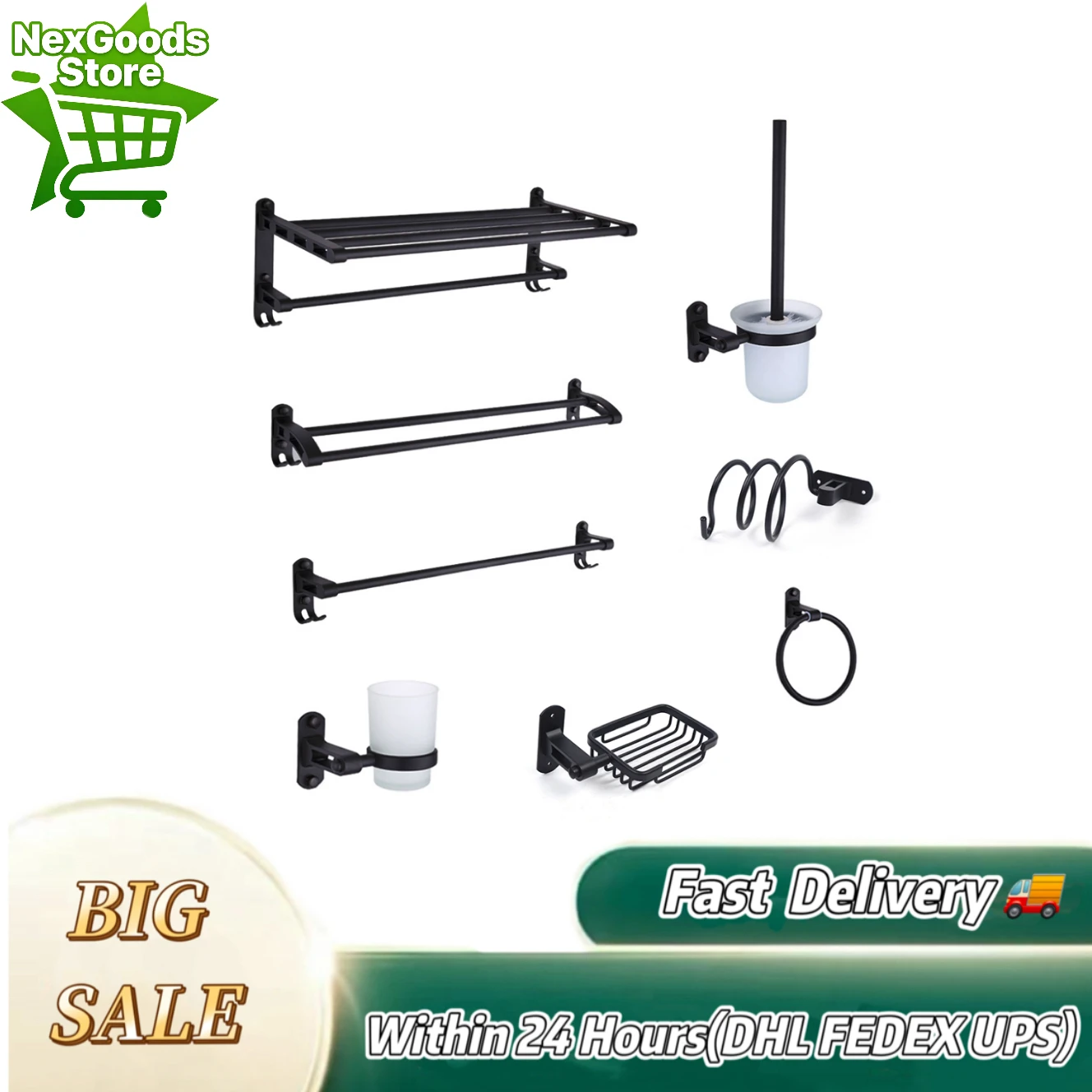 

9PCS Black Hook Towel Rack Space Aluminum Bathroom Storage Rack Rust-resistant Wall Mounted Organizer Kit