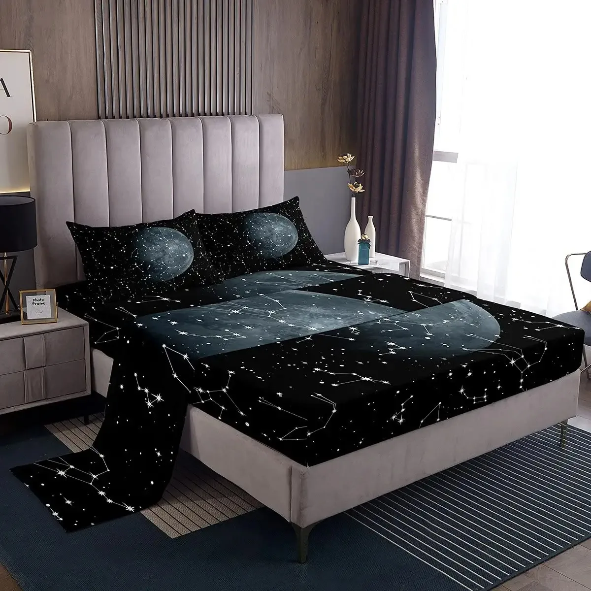 Galaxy Lakens Set Constellation Lakenset 4 Stuks Paars Universe Print Top Lakens voor Kid Mannen Vrouwen Diepe Zak hoeslakens