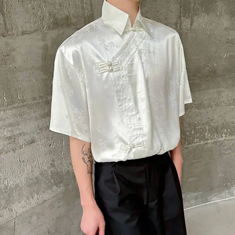 Men's New Chinese Style Short Sleeve Shirt Black Satin Dark Pattern Lapel Loose Fit Casual Fashion Top AG9K