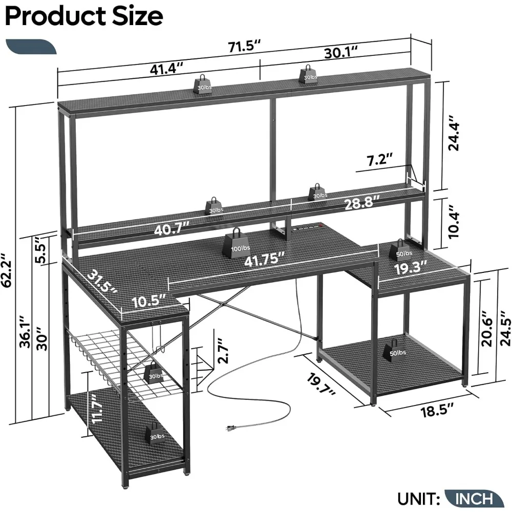 LED Gaming Desk with Hutch, 71.5 inch L Shaped Computer Desk