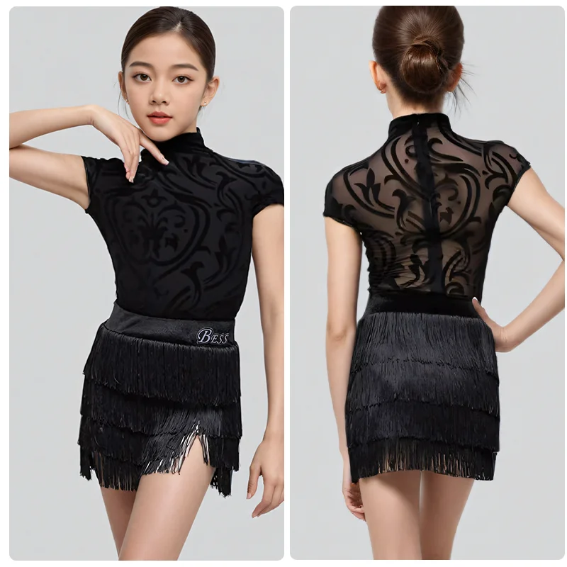 

Children Latin Dance Dress Girls High Neck Mesh Tops Tassels Skirts Practice Clothes Rumba Tango Performance Costumes DN20616