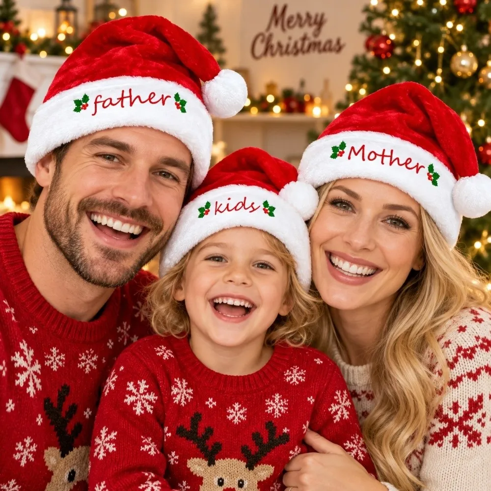 Mother Father Family Matching Santa Hat Embroidered Thick Family Xmas Decor Hat Fluffy Soft Christmas Santa Cap