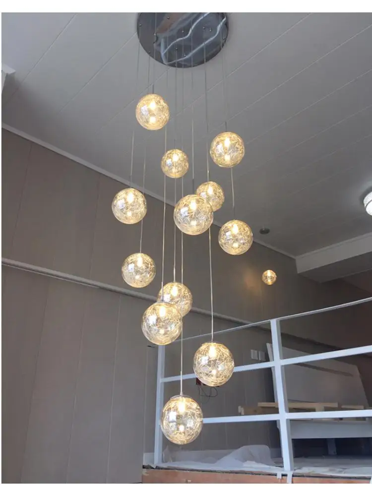 Suspension Stairwell Glass Ball Chandelier Lighting  luminaire Living Room Project Stair G4 steel Wire LED pendant Light Fixture