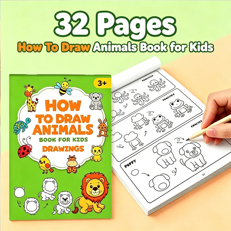 32 Pages How To Draw Animals Step by Step Book, 4 Simple Steps Cartoon Animal Sketch Practice Book, Art Drawing Gift for Kids