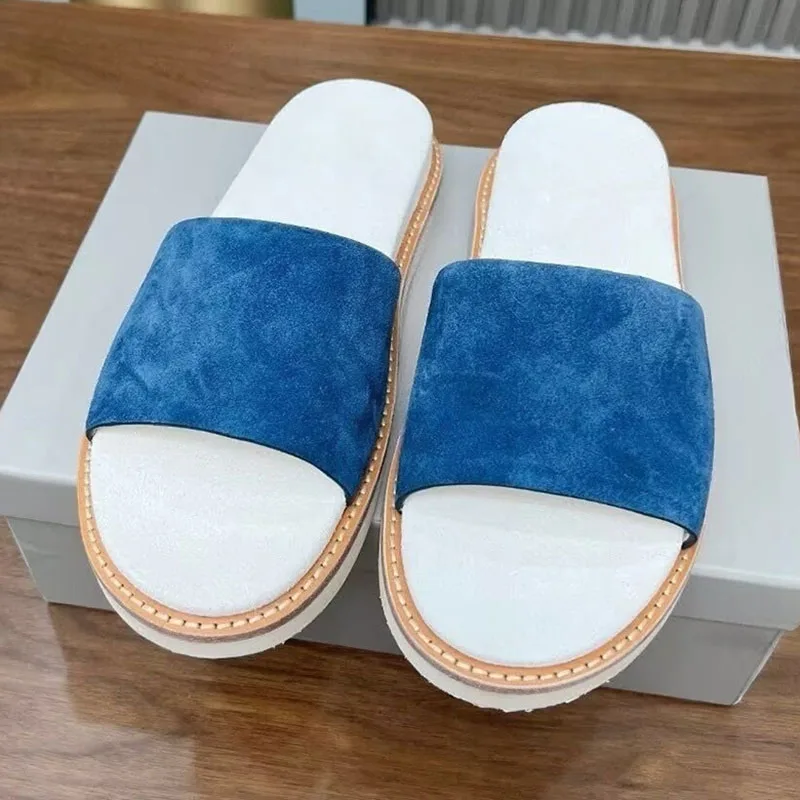 

Тапочки из коровьей замши с открытым носком и толстой подошвой, тапочки на плоской подошве с одним ремешком, летняя уличная пляжная обувь для отдыха, шлепанцы унисекс