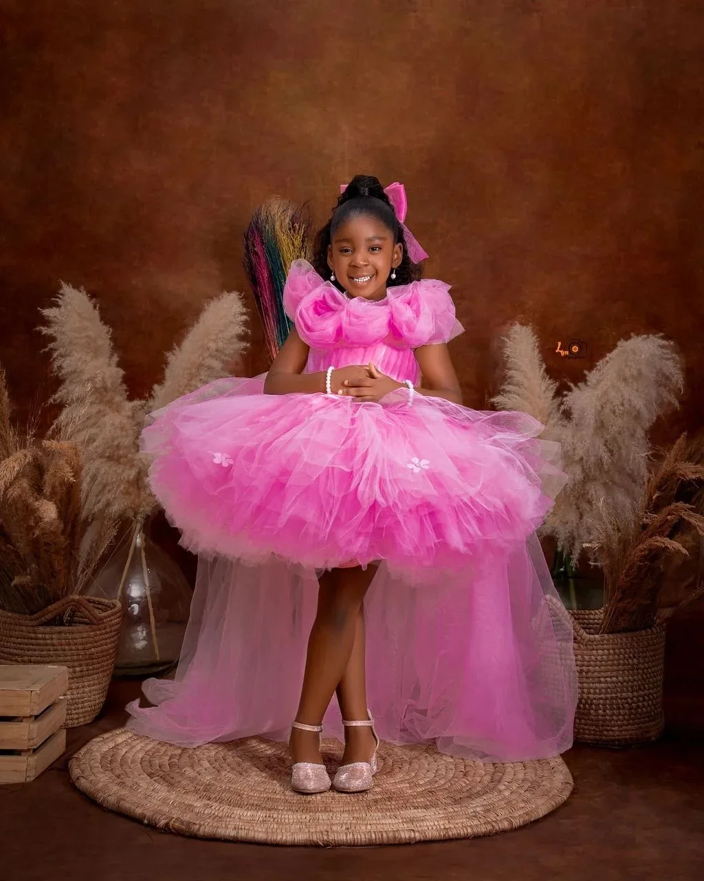 

Pink Flower Girl Dress For Wedding Tulle High-Low Length Girl Kids Birthday Party Ruffles First Holy Communion Gowns Customized