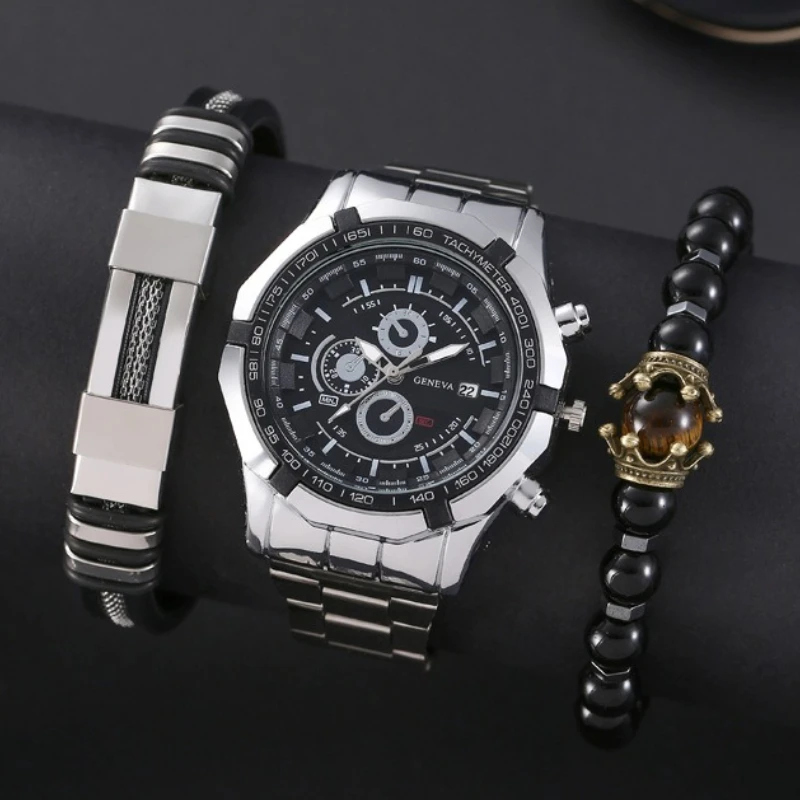 Relojes deportivos de lujo para Hombre de negocios, Reloj con banda de acero, conjunto de 3 uds., Reloj de pulsera de cuarzo con doble pulsera, Reloj de regalo para Hombre