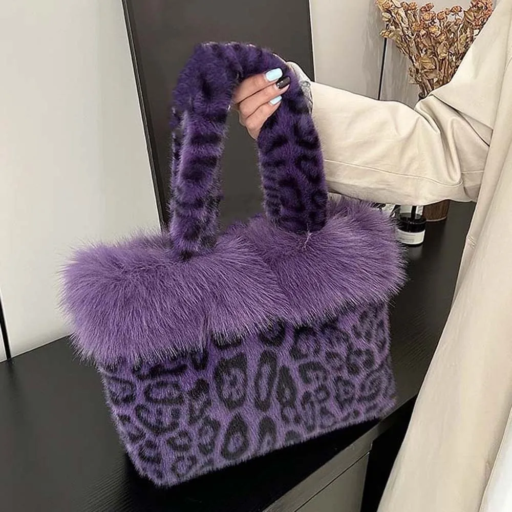 Large Capacity Leopard Handbag Animal Print Soft Faux Winter Shoulder Bag Lightweight Thick Texture Fuzzy Handbag Holiday Party