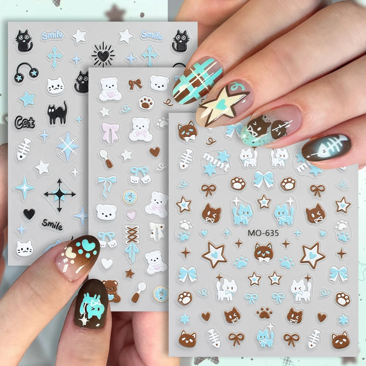 3/6 ورقة النعناع الشوكولاته لهجة مسمار الفن ملصقات، 5D تنقش لطيف القط الدب القوس ستار مسمار الشارات لأظافر الجل البني Kawaii #1