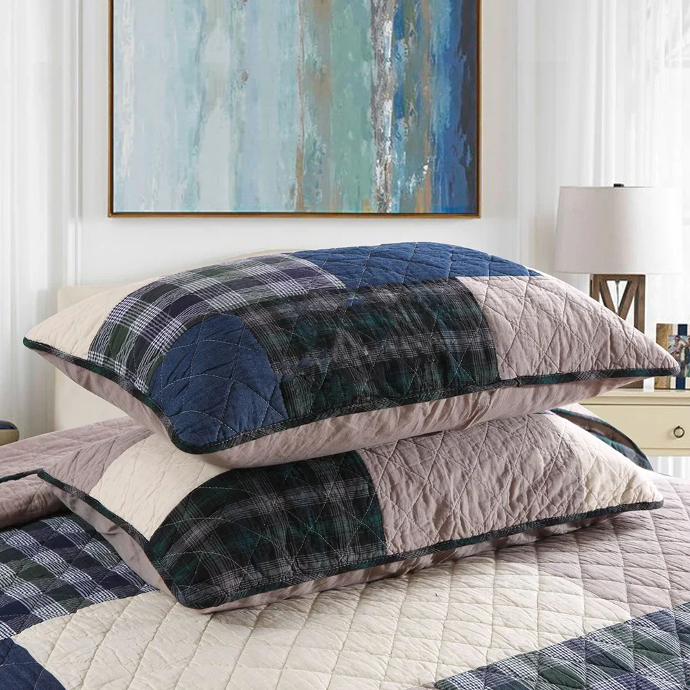 Queen Size Plaid Patchwork Cotton Quilt Set 3pcs with 2 Pillowcases Summer Lightweight Bedspread Double Blanket Coverlet for Bed