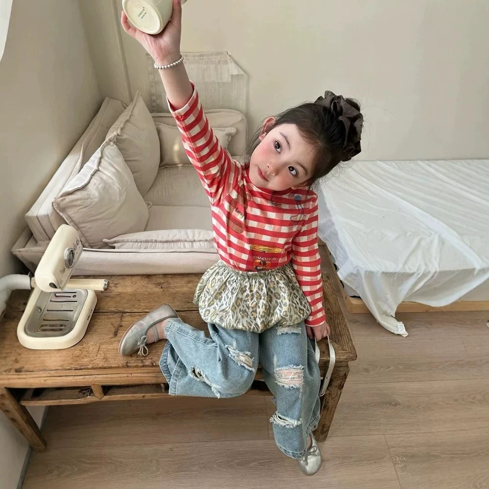 Girls Denim Pants 2026 Spring Autumn New Fashion Ripped Jeans Simple and Versatile Casual Straight Leg Pant