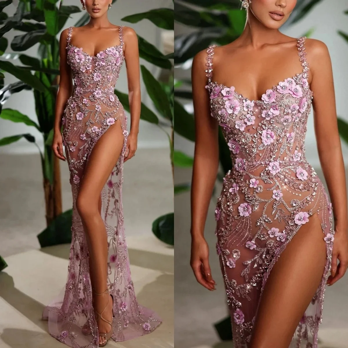 

Sexy Floral Applique Mermaid Evening Dresses Customized Illusion Sequined Beading Sleeveless Prom Dress Side Split Party Gown