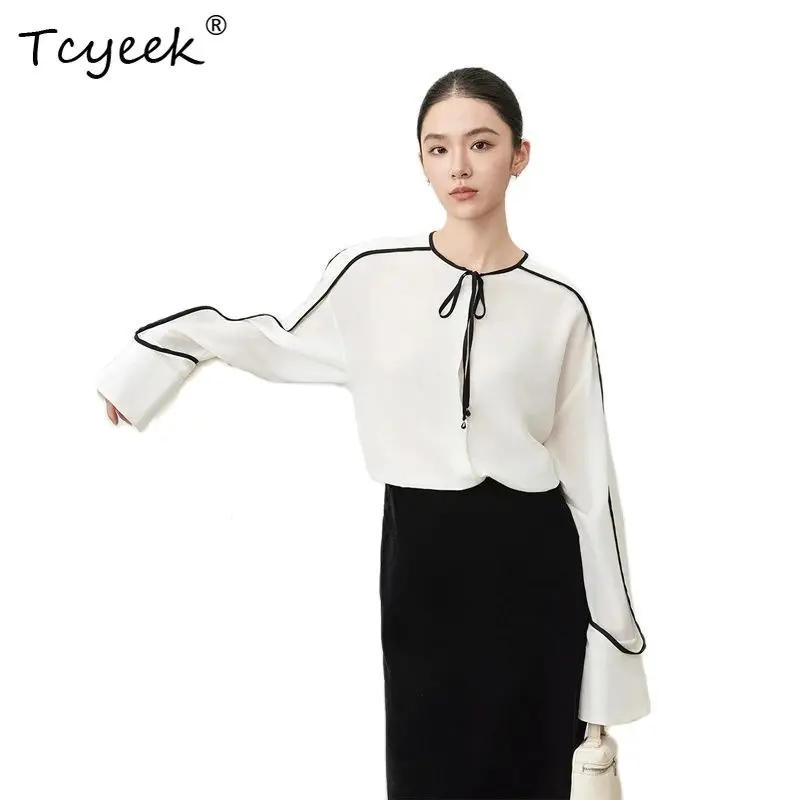 

Tcyeek, 100%Real Silk Elegant Shirt, Women Long Sleeve Lace-up, French Commute Fashion Blouses, 2024 Summer Autumn T47010QC