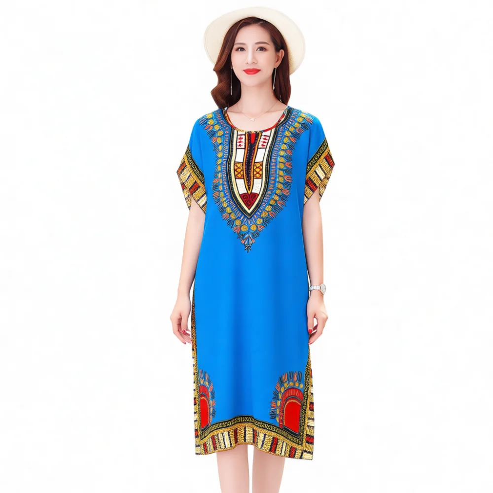 Summer Cotton Rayon Midi Dress Women Loose Batwing Sleeve Casual Beachwear Plus Size Elegant Slimming Print Tummy Control