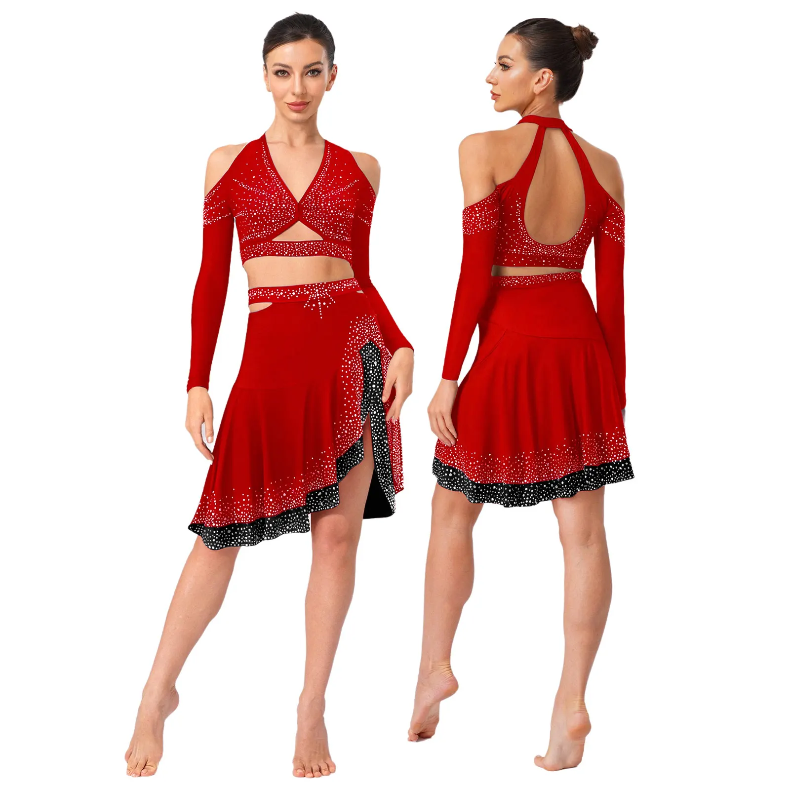 

Women 2Pcs Jazz Latin Tango Dance Performance Costumes Shiny Rhinestones Halter Crop Top And Ruffled Skirt Stage Dance Shows
