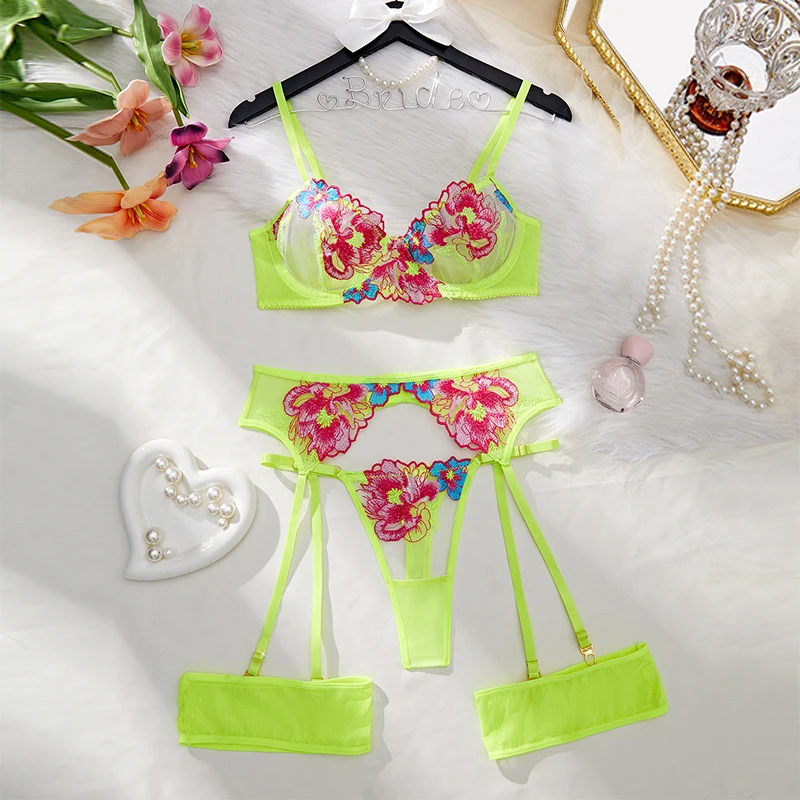 

Romantic Floral Lingerie Fluorescent Green Women's Underwear Fantasy Mesh Erotic Lingerie Transparent Bra Sets 4pc Sexy Lingerie