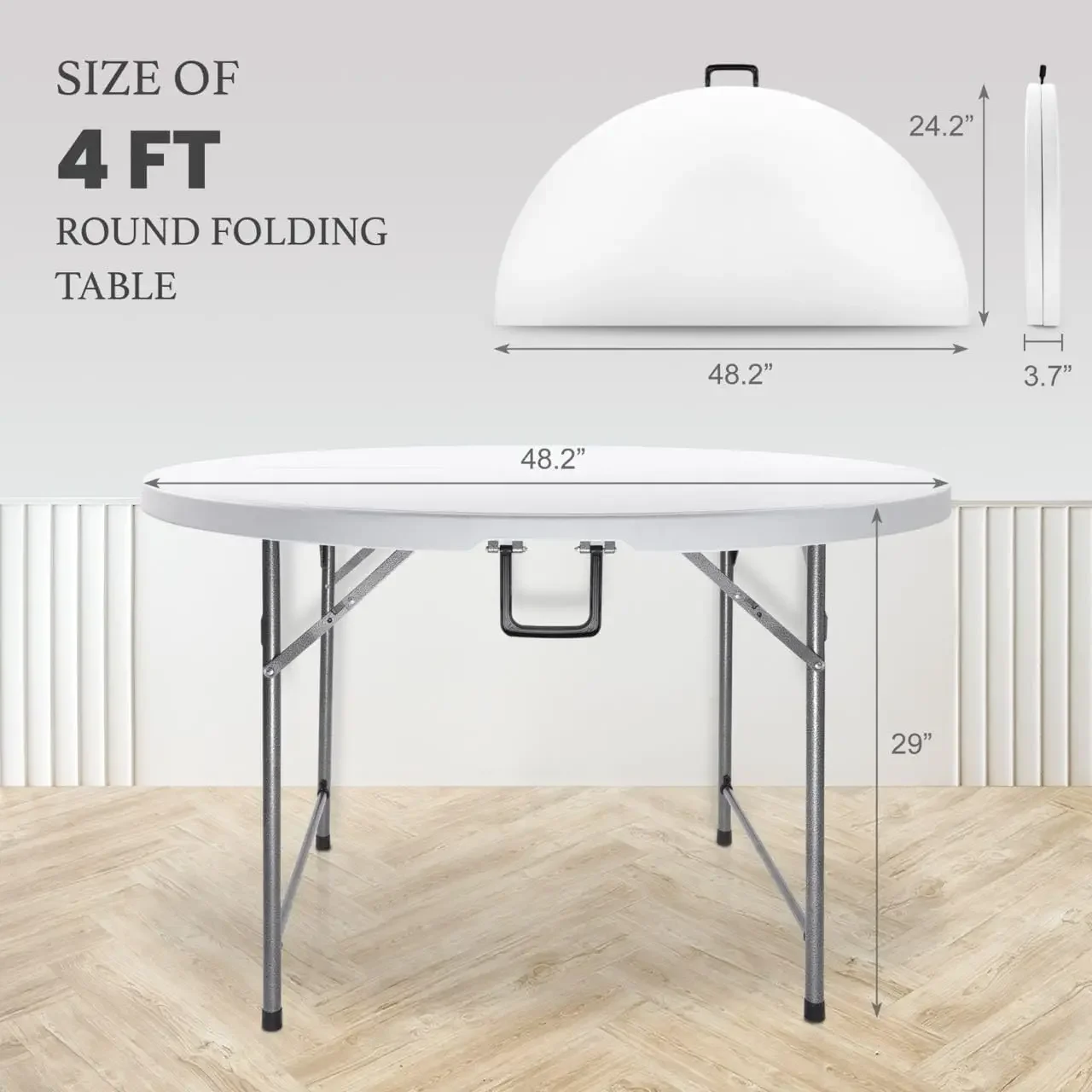 Portable Folding Round Card Table 4 Feet, Heavy Duty Plastic, Half Foldable, with Carry Handle - Ideal for Indoor and Outdoor Us