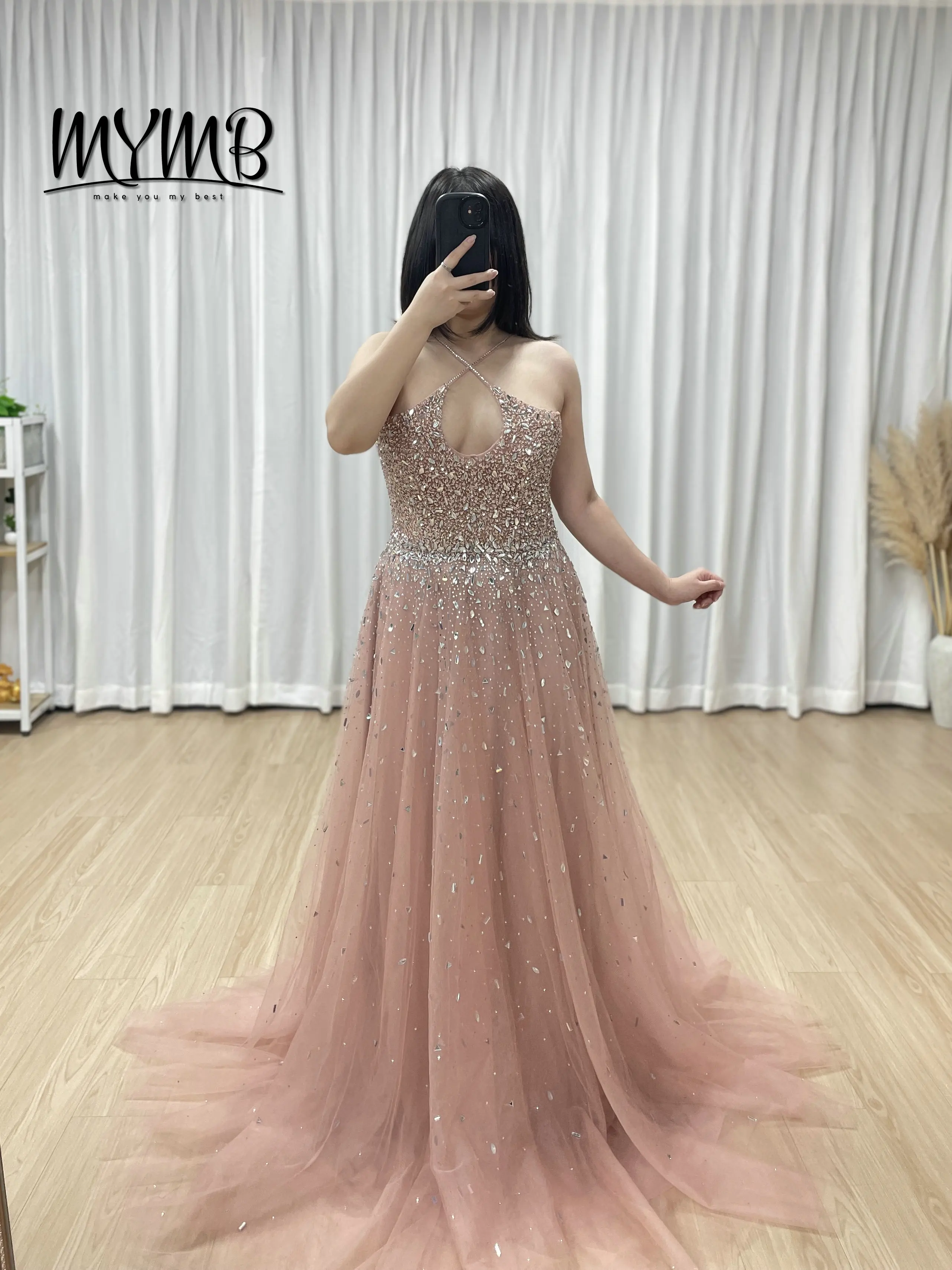 MYMB Elegant Sparkly pink Evening Dresses With Keyhole Bodice Crystal Embellishment Long Flowing Train for Prom Events MB40317-2