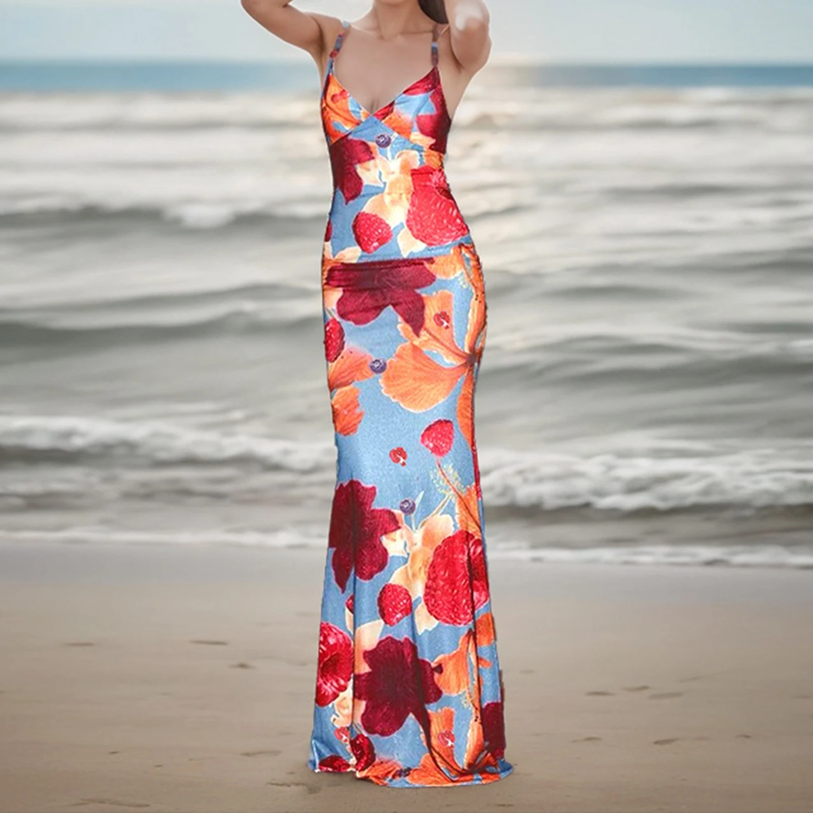 Monos De Mujer Elegante En Oferta Abito da donna con stampa floreale Cami senza maniche con cinturino per spaghetti con scollo a V sul retro Abito lungo sottile incrociato