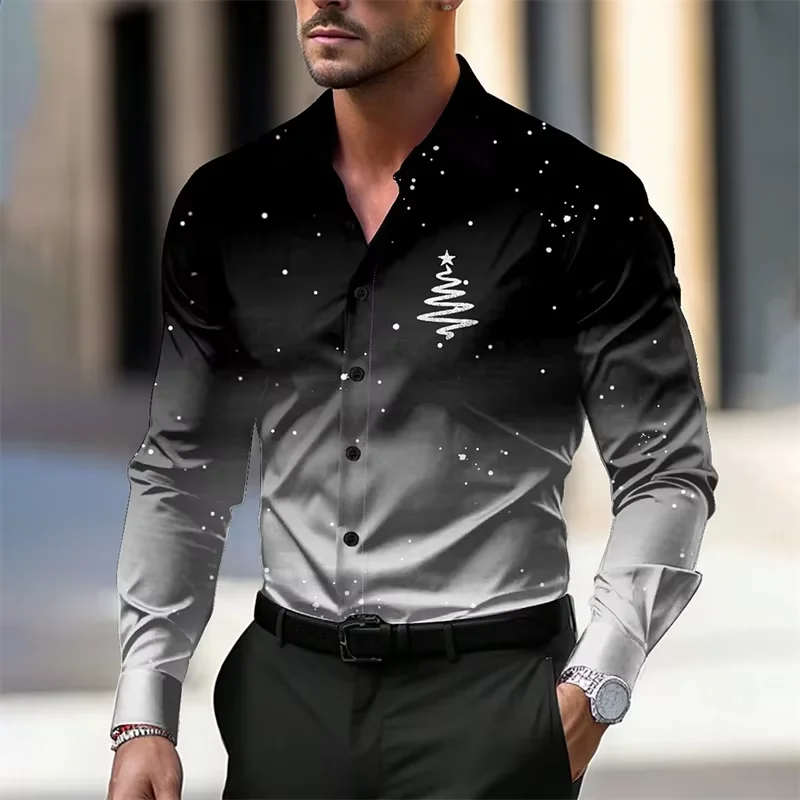 

Men's gradient Christmas tree 3D print shirt casual double row button long sleeved party daily spring and autumn men's clothing