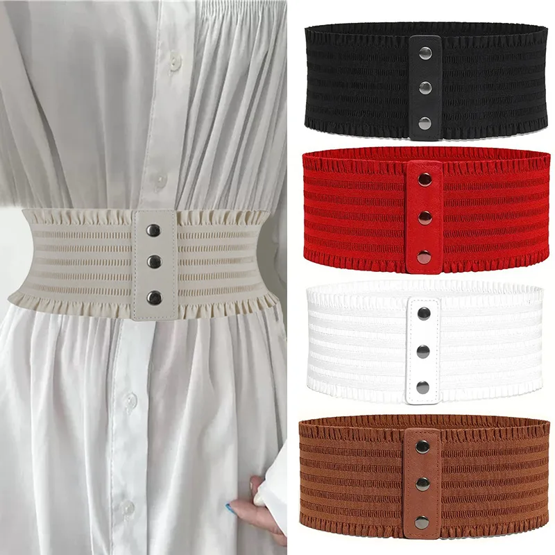 New Ladies Designer Overcoat Belt For Women Black Wide Waistband Elastic Band Cummerbund Stretchy Dress Snap-Button Corset Belts