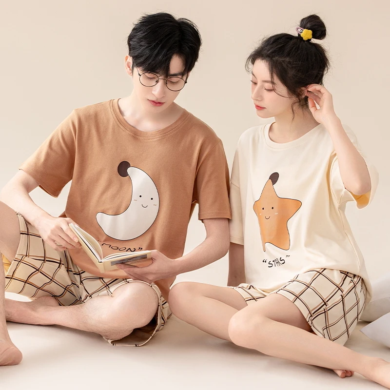 Couple Pajamas Set Summer Short-Sleeved Sleepwear 100% Cotton Men and Women Pyjamas