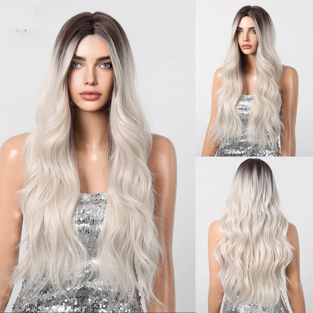 ALAN EATON Platinum Blonde Long Wavy for Women Middle Part Ombre Hair Wigs