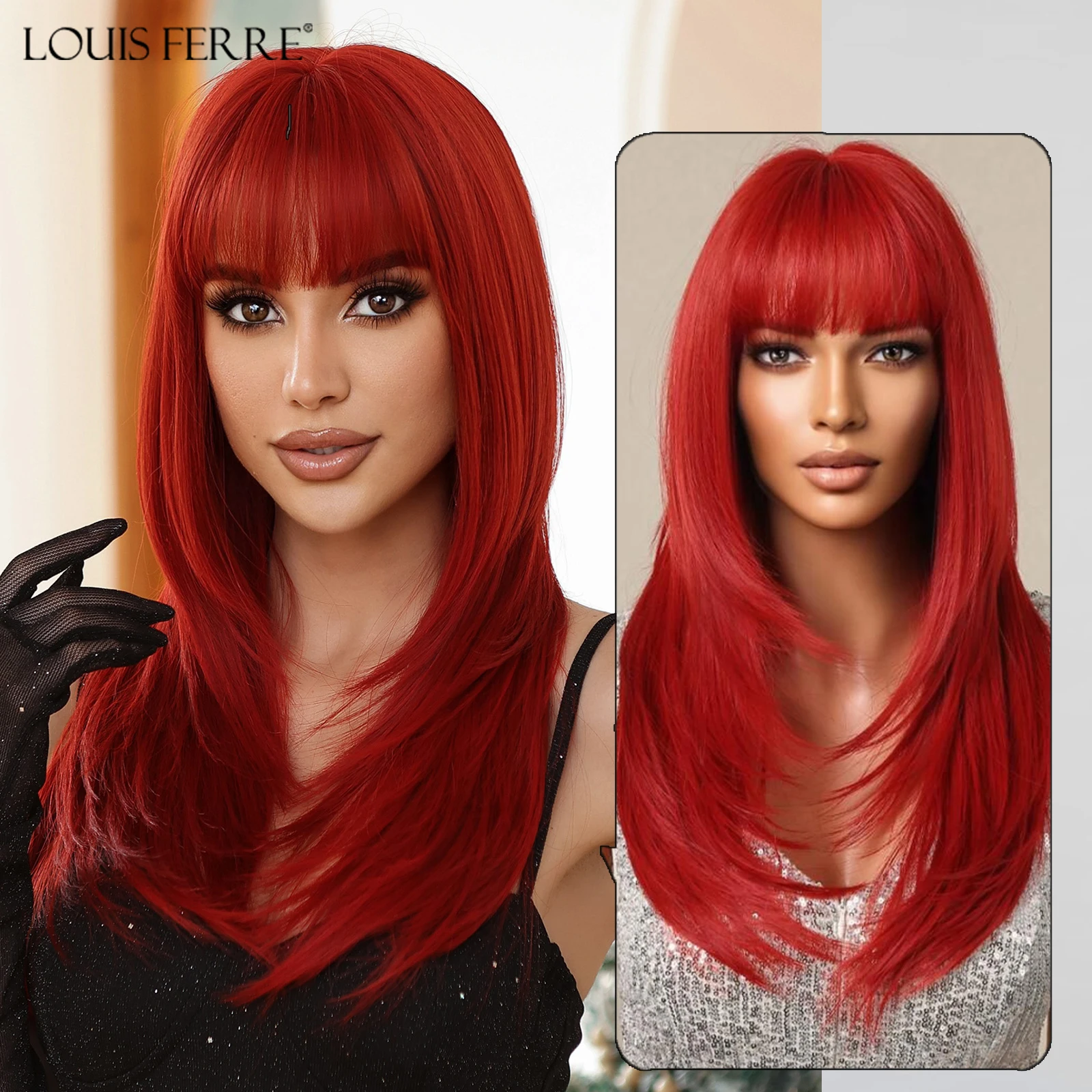 

LOUIS FERRE Long Straight Layered Natural Hair Red Cosplay Synthetic Wigs for Women With Bangs Heat Resistant Red Fake Hair