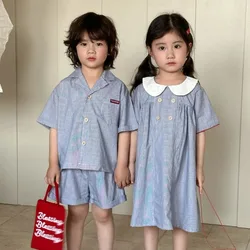 Brothers and Sisters Clothes Summer Plaid Children's Lapel Shirt + Shorts Boys 2PCS Girls Doll Collar Dress 1-8Y Kids Outfit