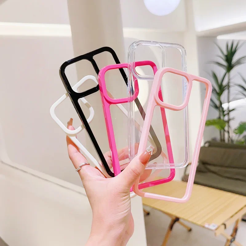 Fashion Candy Color Border Transparent Phone Case For iPhone 16 15 Pro Max 14Plus 13 12 11 14PRO acrylic back cover coque