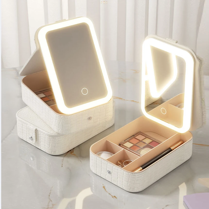 In Stock Travel Makeup Box with Light up Mirror Makeup  with Adjustable Dividers Makeup Case with Lighted Mirror