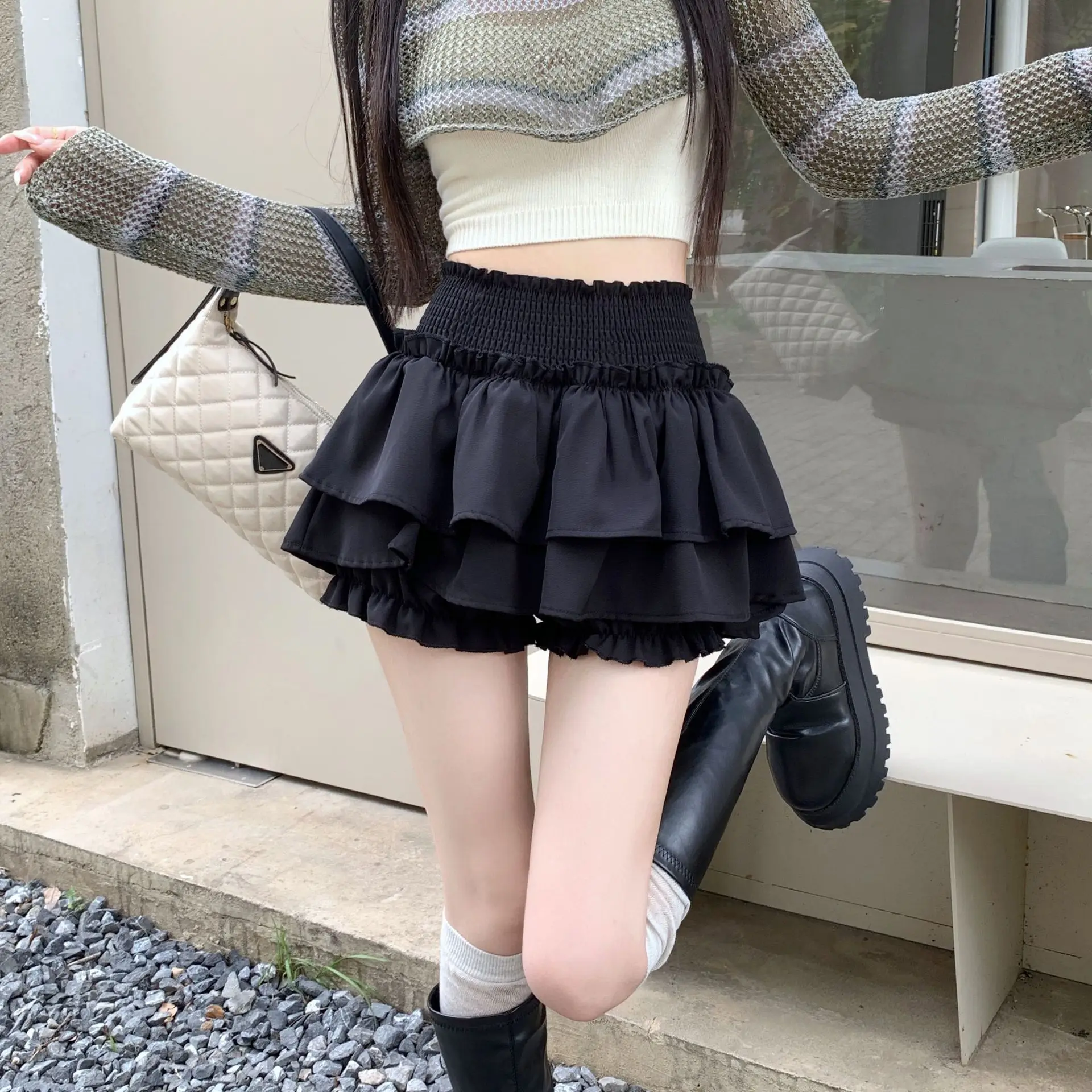 Women Balletcore Puff Bubble Mini Skort Elastic High Waist A Line Pleated Cake Skirt Spring Coquette Bloomers Shorts