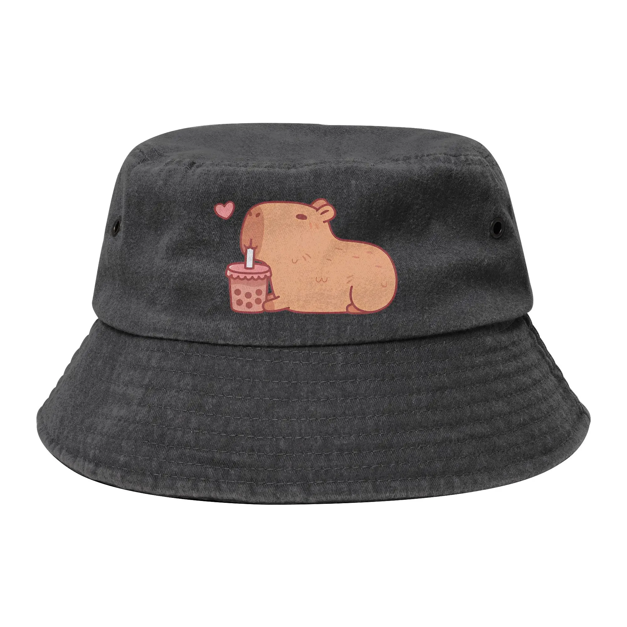 Cute Capybara Chilling With Bubble Tea Bucket Hats Unisex Camping  Distressed Cotton Fishing Caps Summer BeachHatwear Panama Hat