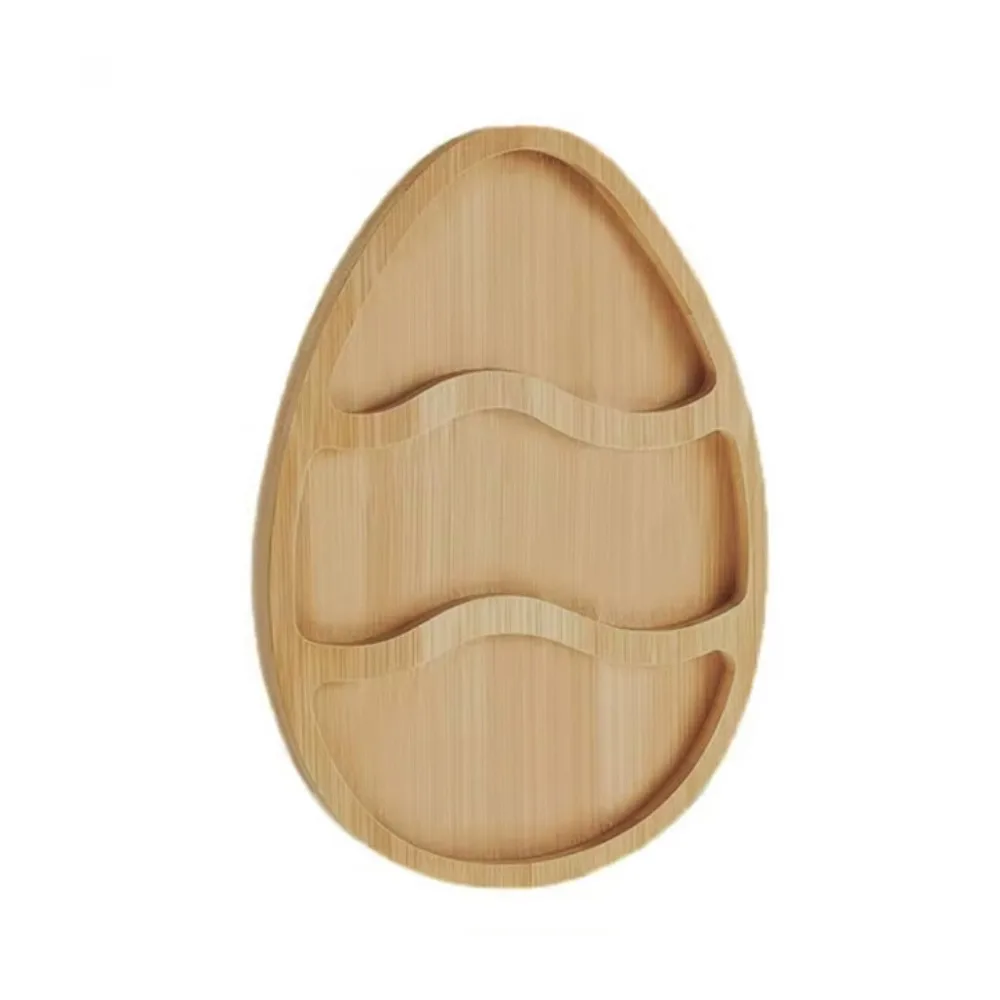

Wooden Easter Egg Shape Tray with Compartments Decorative Bunny Snack Serving Tray Durable Cartoon Food Display Plate