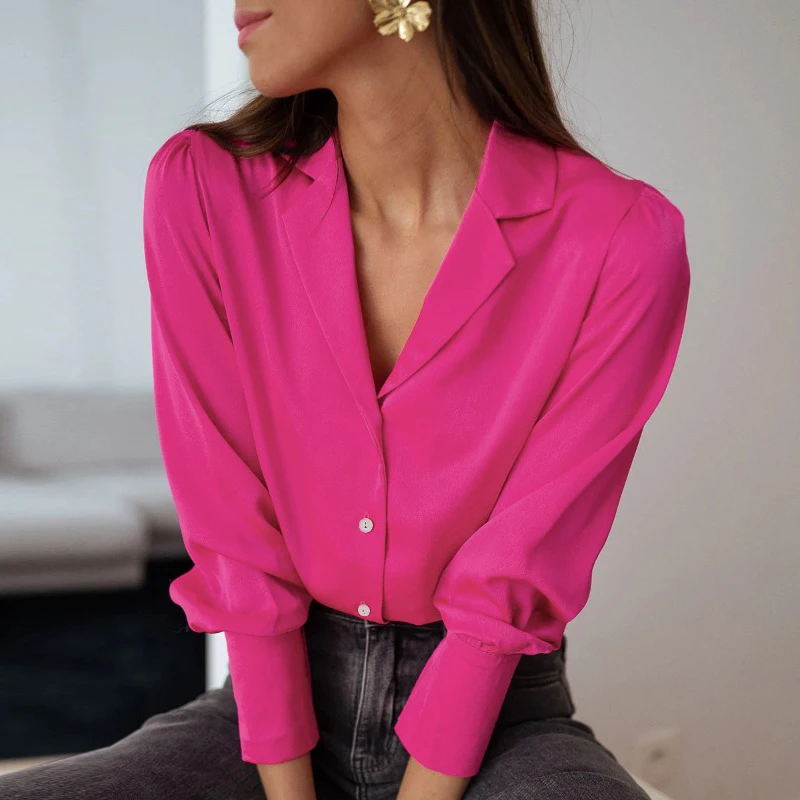 Fashion Long Sleeve Button Up Casual Shirt Women Notched Elegant Solid Office Blouses Women Loose Spring New Ladies Tops 30436