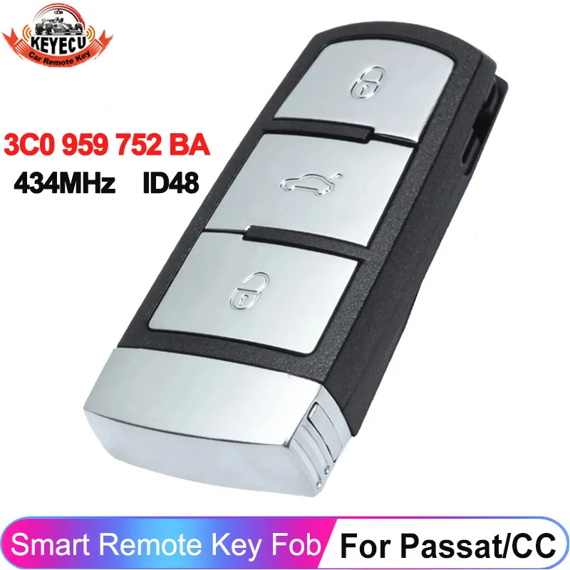 

KEYECU 3C0 959 752 BA 434MHz For Volkswagen VW Passat B6 3C B7 Magotan CC ID48 CHIP Smart Remote 3 Buttons Car Key Fob