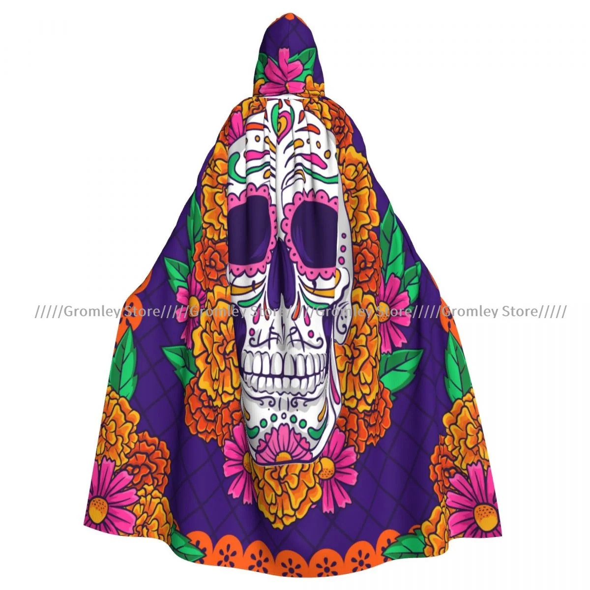 Adult Dia De Muertos Illustration Cloak Cape Hooded Medieval Costume Witch Wicca Vampire Halloween Costume Dress Coat