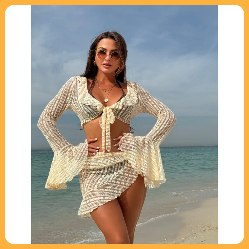 2025 Women's Sexy Lace Mesh Bikini Set 4-Piece See-Through Cover Up Beach Swimwear Summer Holiday Beach Clothes Women Outfits