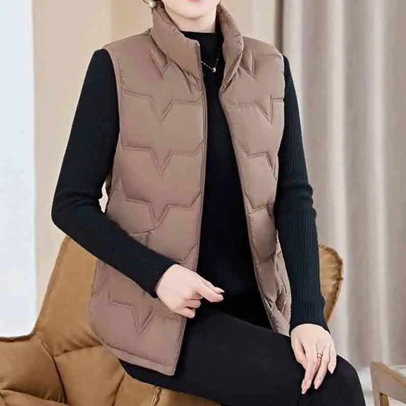 Fashion Women Down Cotton Jackets Vests Solid Stand Collar Zipper Cardigan Thicken Autumn Winter Warm Casual Sleeveless Coats