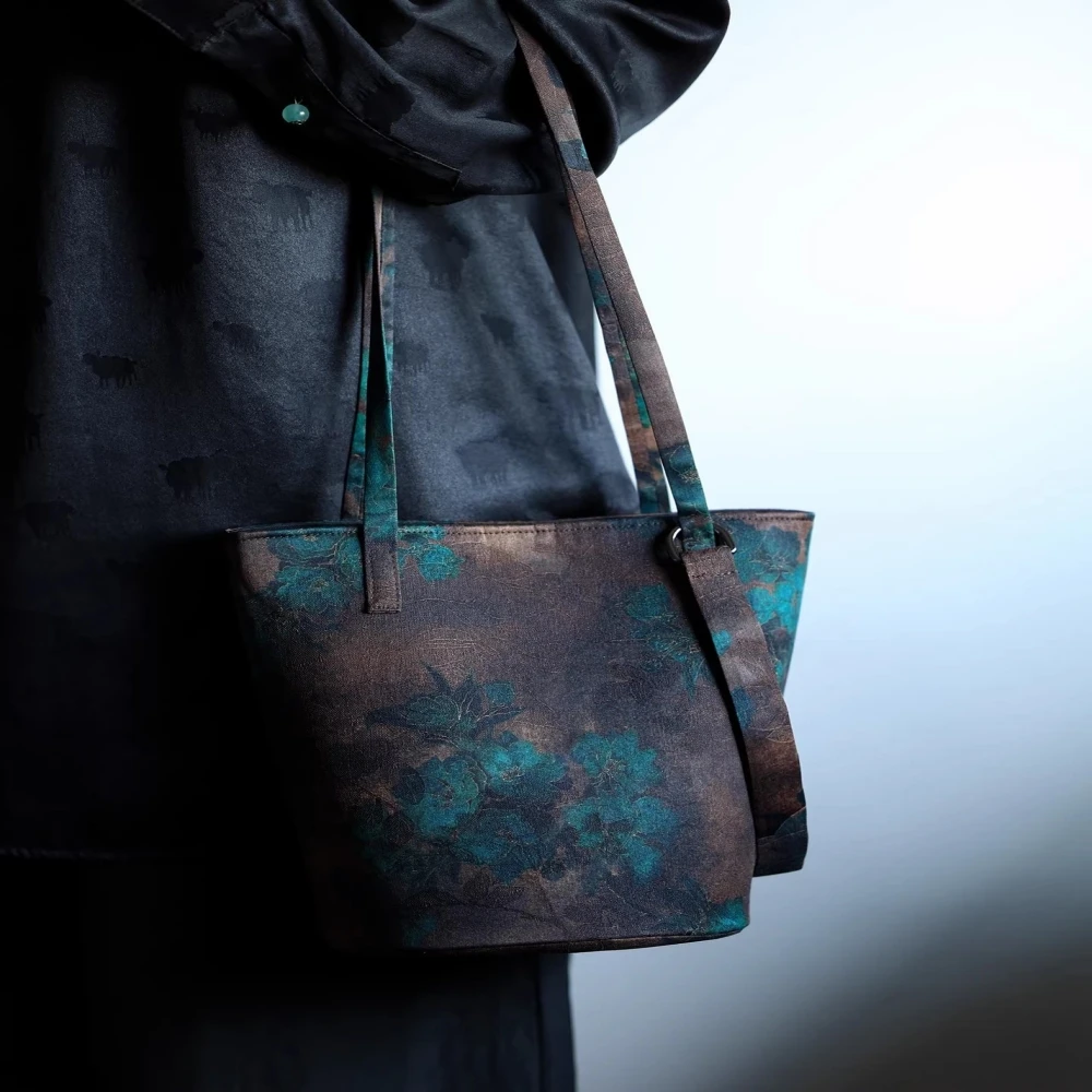 Retro Single Shoulder Bucket Bags for Woman Original Brown Flower Printed Shopping Bags Large Capacity Commute Tote Bags Handbag