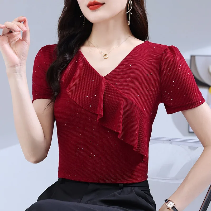 

New Slim Solid Color High Strecth Mesh Tops Blusas V-Neck Ruffled Short Sleeved T-Shirt Women's Summer 2025