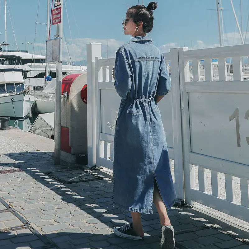 Y2k فساتين من قماش الدنيم للنساء فستان طويل مغسول فيستدوس واحدة الصدر رفض طوق الدانتيل يصل عالية الخصر ألف خط الشارع الشهير 2025