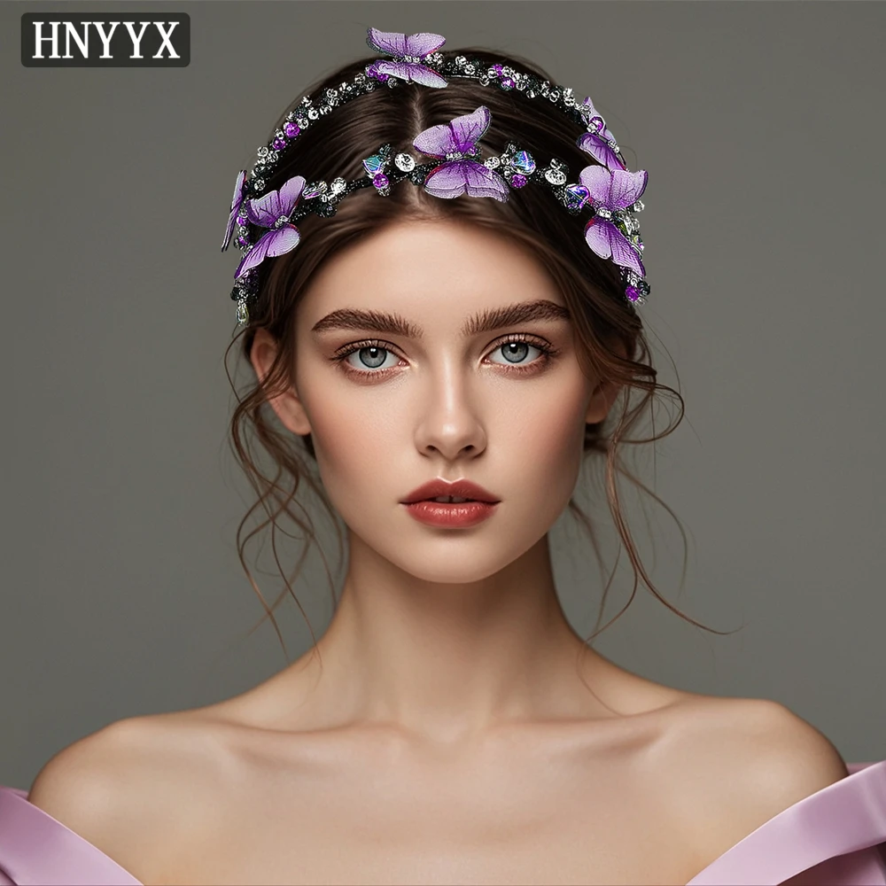 HNYYX Purple Rhinestone Wide Hairband Double Row Crystal Tiara With Butterfly Wedding Bride Wedding Hair Accessories A160