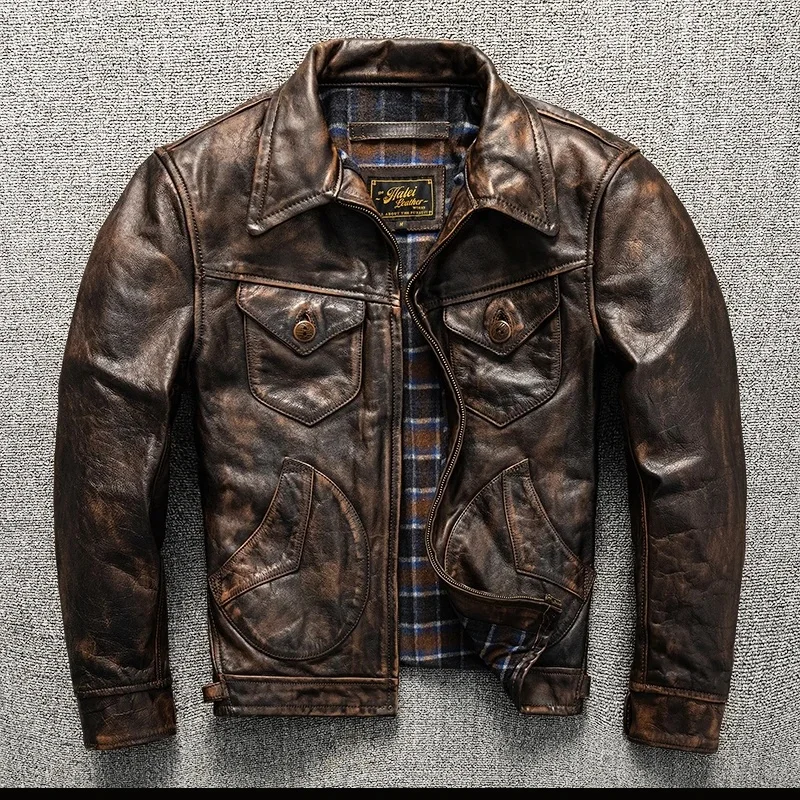 

Dark Brown Autumn Leather Jacket Men Retro Vintage Style Plus Size 5XL Genuine Natural Cowhide Turn-Down Collar Leather Coat