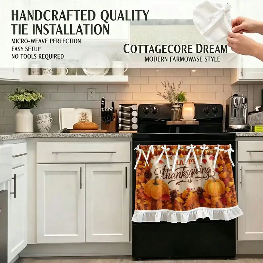2D Flat, 1pc Farmhouse Fall Harvest Kitchen Stove Oven Valance, 2D Print Happy Thanksgiving Autumn Leaves Pumpkins Autumn Home Decor Curtain for Dishwasher Microwaves Cabinet Kitchen Sink, Festival Gift, Makes a Great Addition to Thanksgiving Family