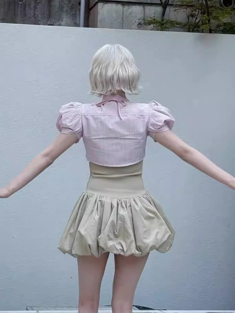 Coreano faculdade estilo doce 2 peça conjunto feminino y2k mangas inchadas blusa listrada + vestido sem alças feminino fino ajuste chique outfits novo