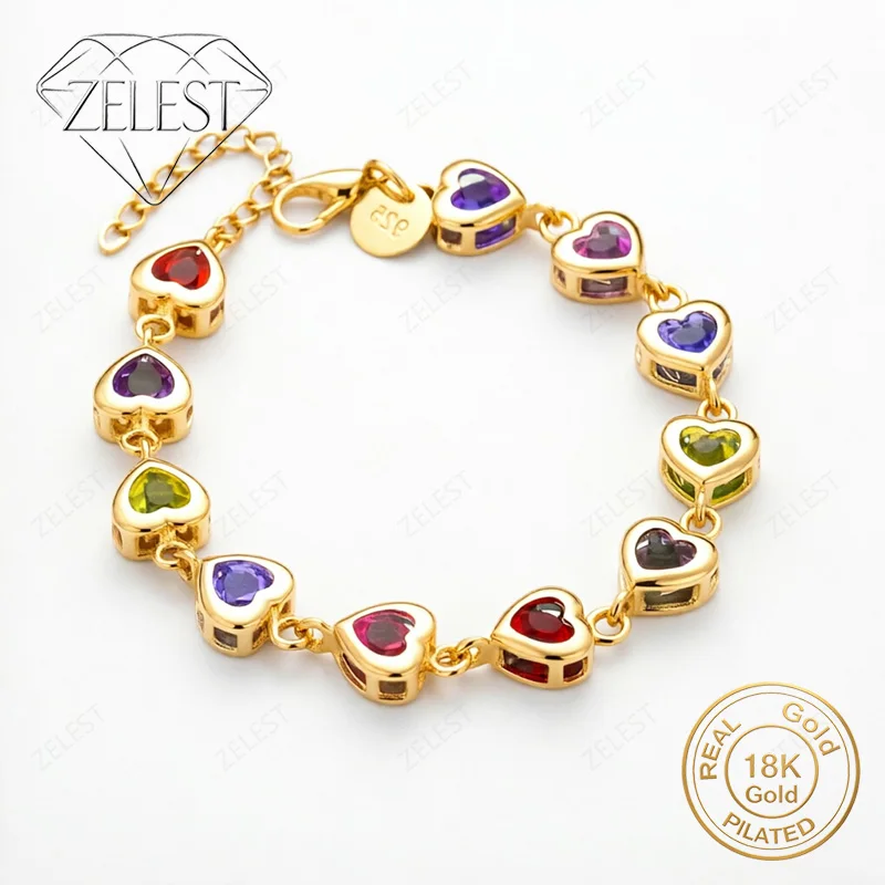 Stylish 925 Sterling Silver 18K Gold Plated 8-inch Heart-Shaped Colored Zirconia Bracelet - A Wedding Party Gift for Women