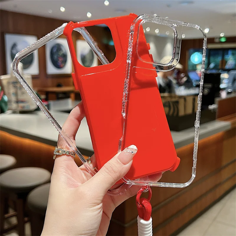 3IN1 Per iPhone 11 12 13 14 15 16 Pro Max XR XS Max 7 8 Plus Trasparente Colore Della Caramella Militare Con Cordino Antiurto Cassa Del Telefono
