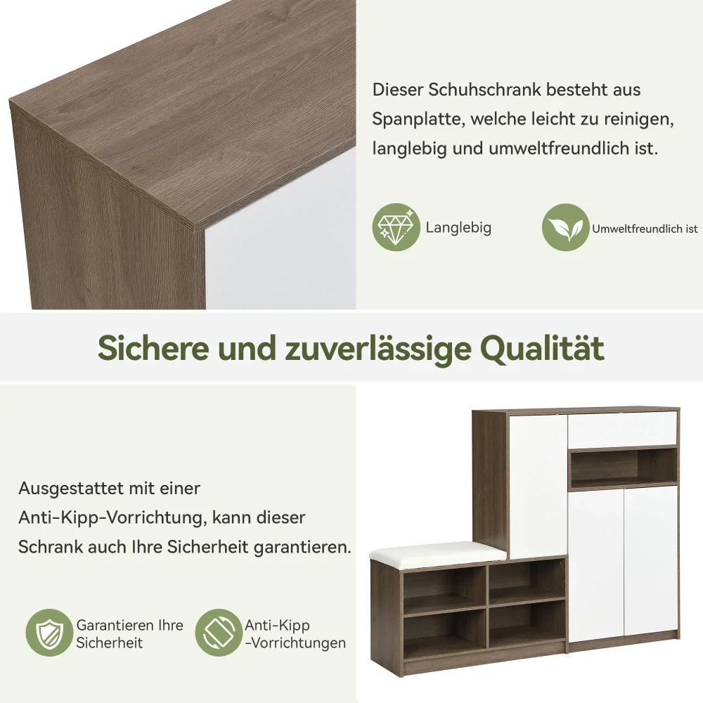 Schuhschrank, Schuhbank, Schuhregal mit gepolstertem Sitz, vielseitige Schuhaufbewahrungslösung mit Regalen für den Flur 140*35*110 cm – Detail 23